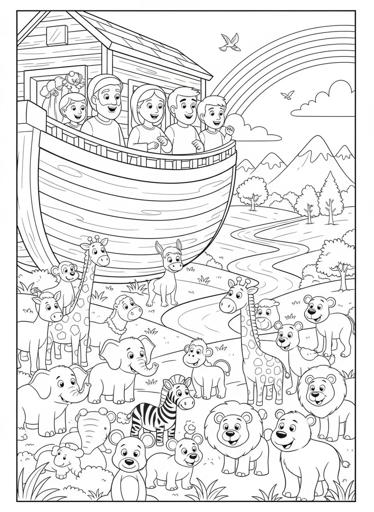 Noé et sa famille sur l'arche, page à colorier Matthieu 6:33 pour les enfants de 5 à 10 ans
