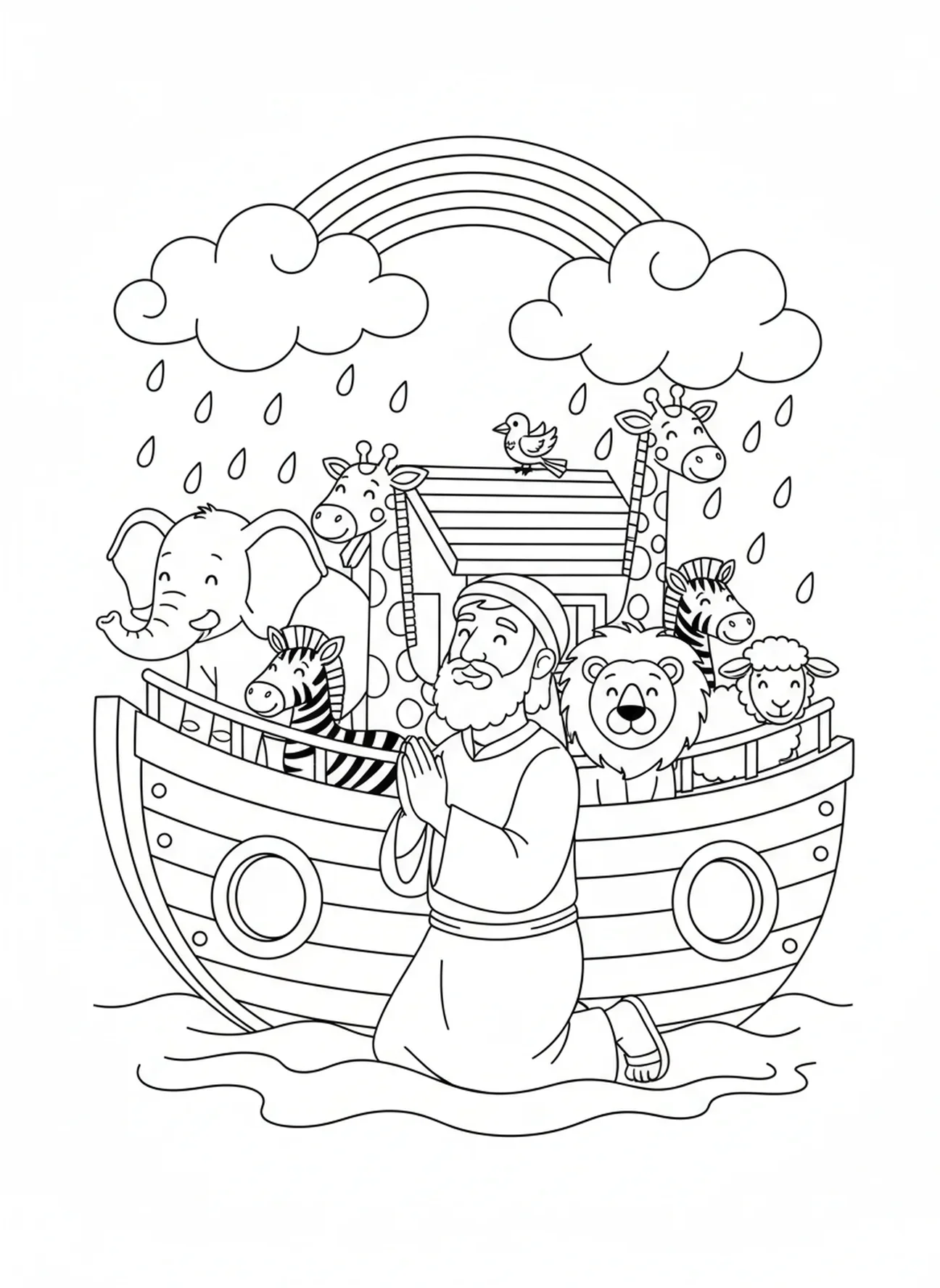 Noé priant sur l'arche, coloriage Matthieu 6:33 pour enfants de 5 à 10 ans