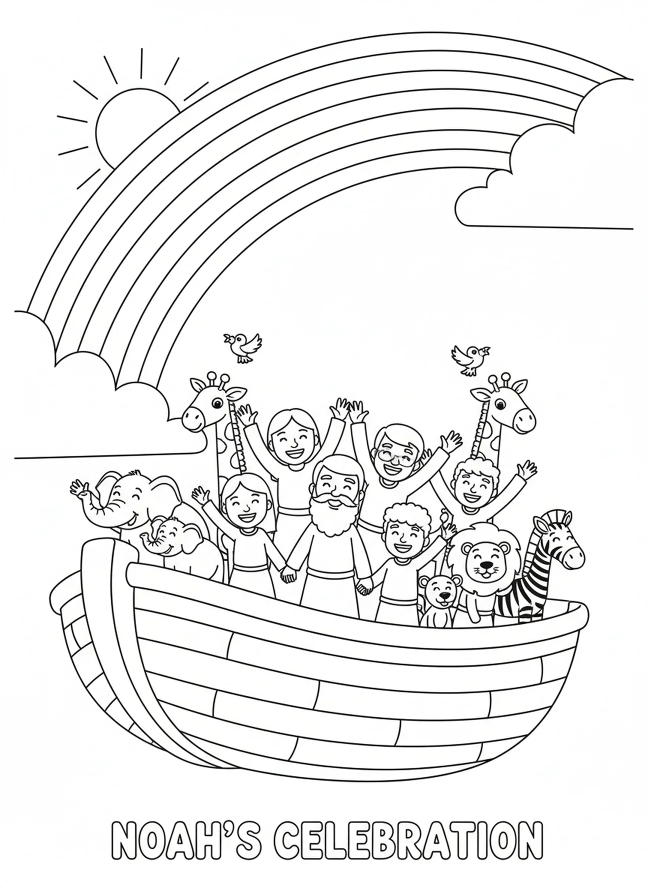 La famille de Noé célébrant, page à colorier Matthieu 6:33 pour les enfants de 5 à 10 ans