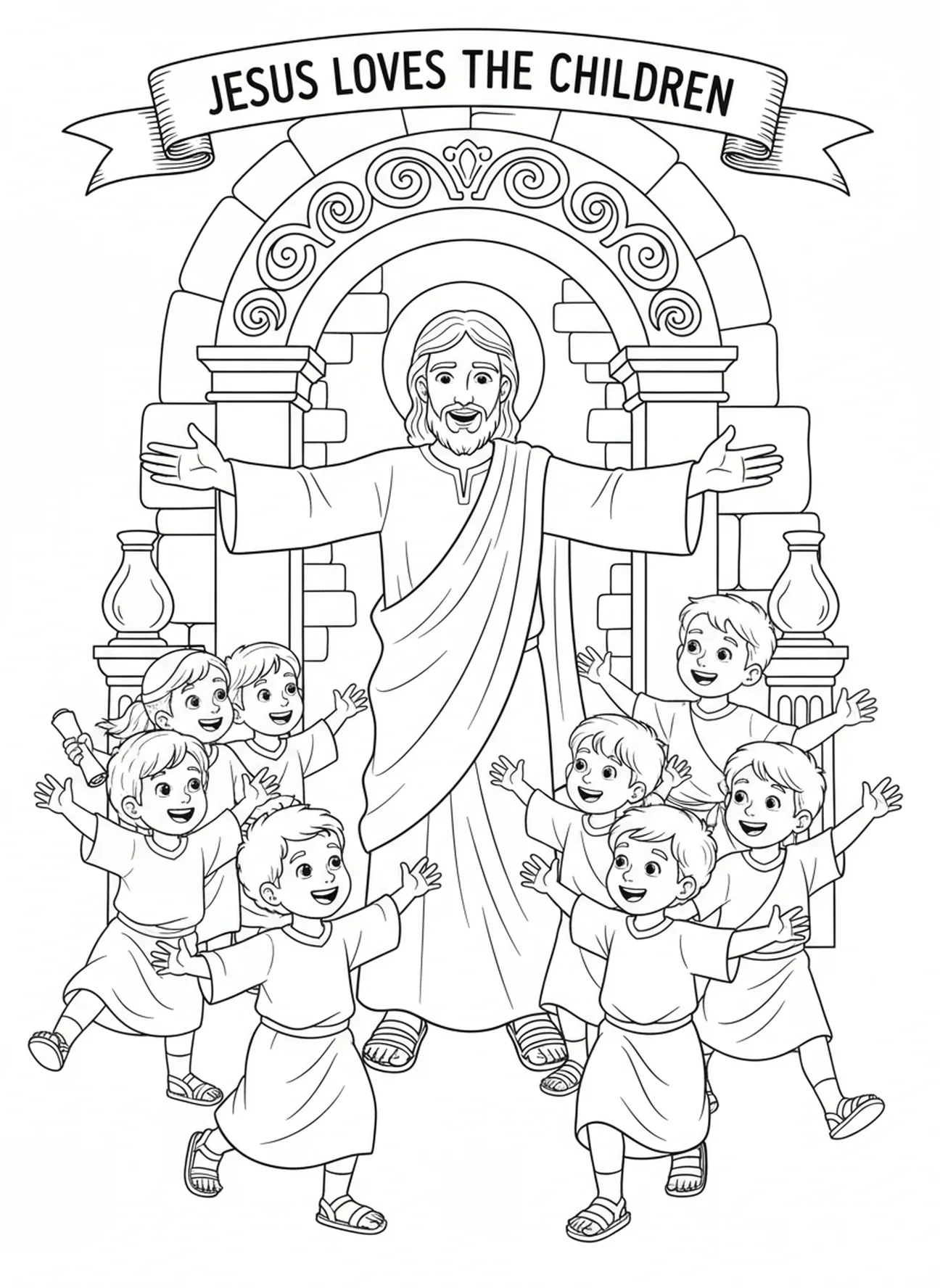 Crianças se reunindo ao redor de Jesus, página para colorir de Mateus 6:33 para crianças da Escola Dominical de 5 a 12 anos