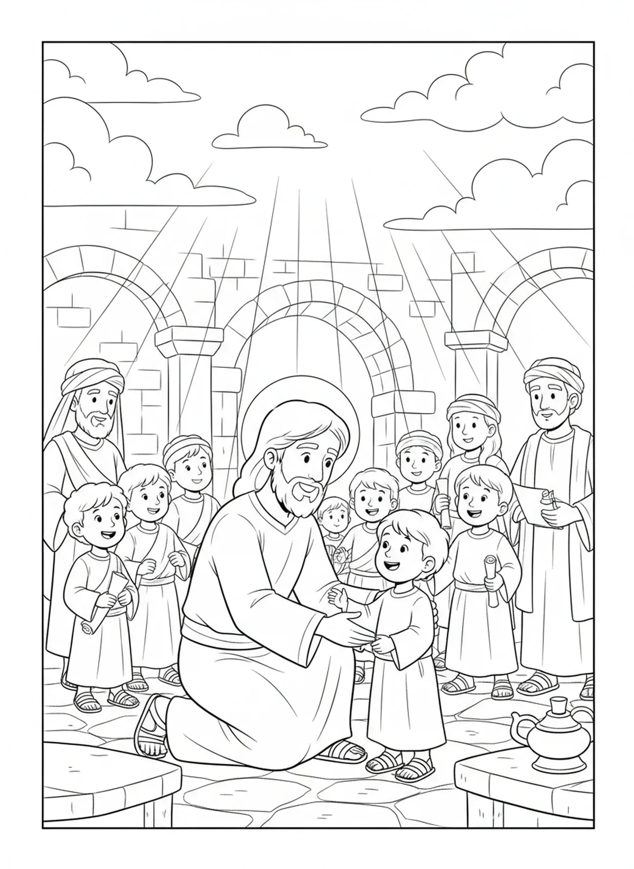 Jesus abençoando uma criança, página para colorir de Mateus 6:33 para crianças da Escola Dominical de 5 a 12 anos