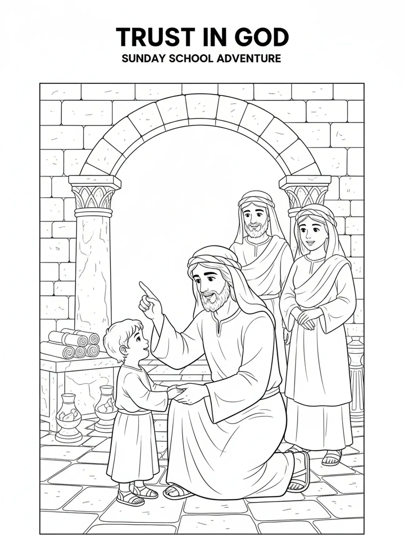Jesus se ajoelhando com uma criança, página de colorir de Mateus 6:33 para crianças da Escola Dominical de 5 a 12 anos