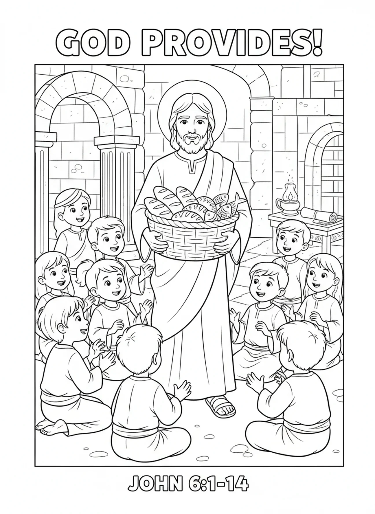 Jesus com cesta de pães e peixes, página para colorir de Mateus 6:33 para crianças da Escola Dominical de 5 a 12 anos
