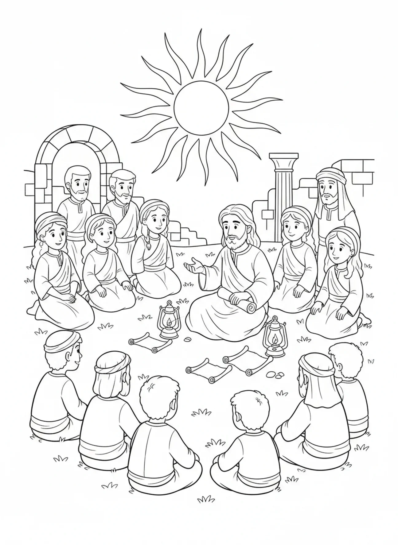 Grupo de crianças e adultos ouvindo, página para colorir Mateus 6:33 para crianças da Escola Dominical de 5 a 12 anos