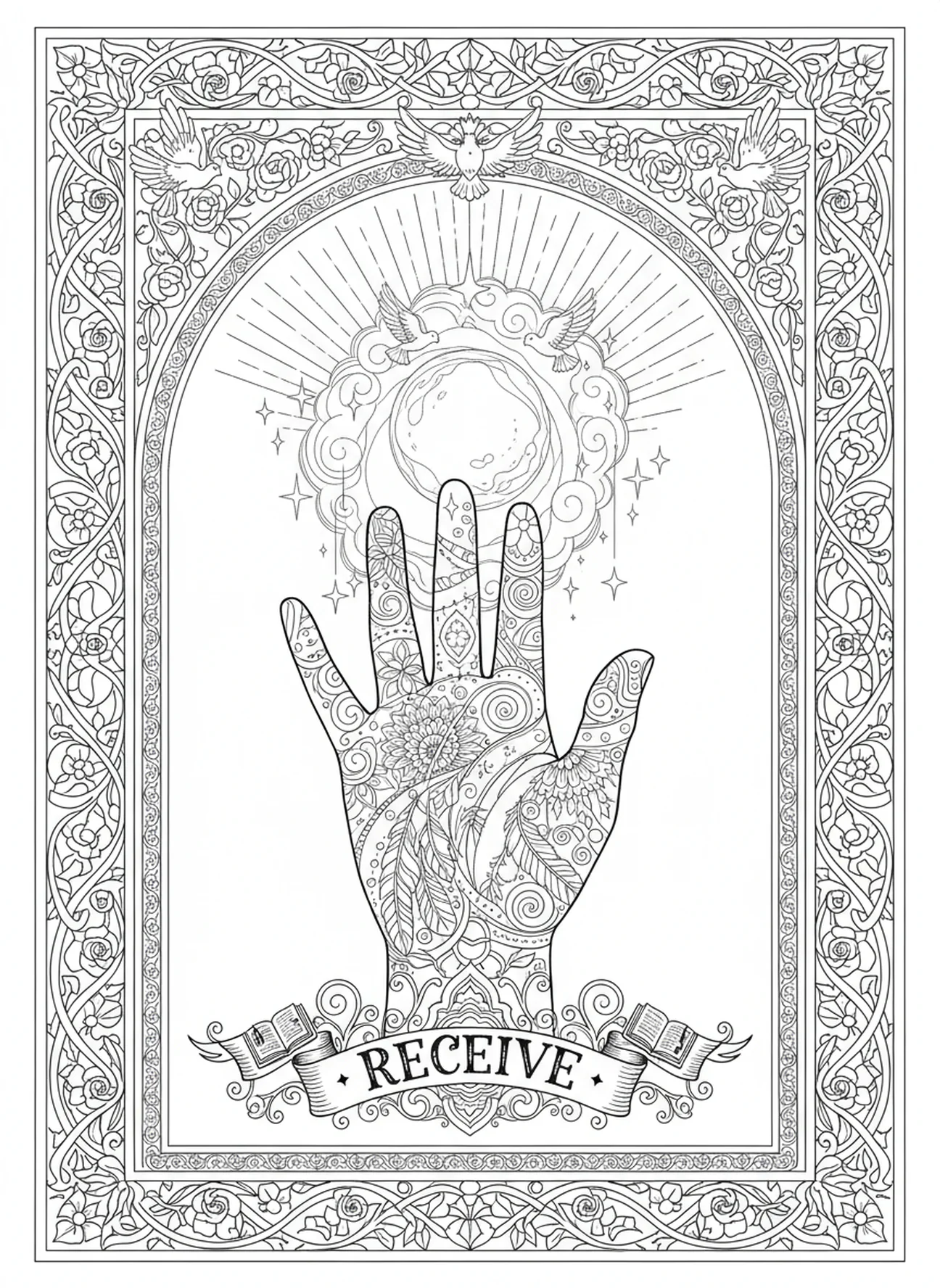Mano abierta recibiendo un regalo resplandeciente, página para colorear de Mateo 7:7 estilo de journaling bíblico para adultos
