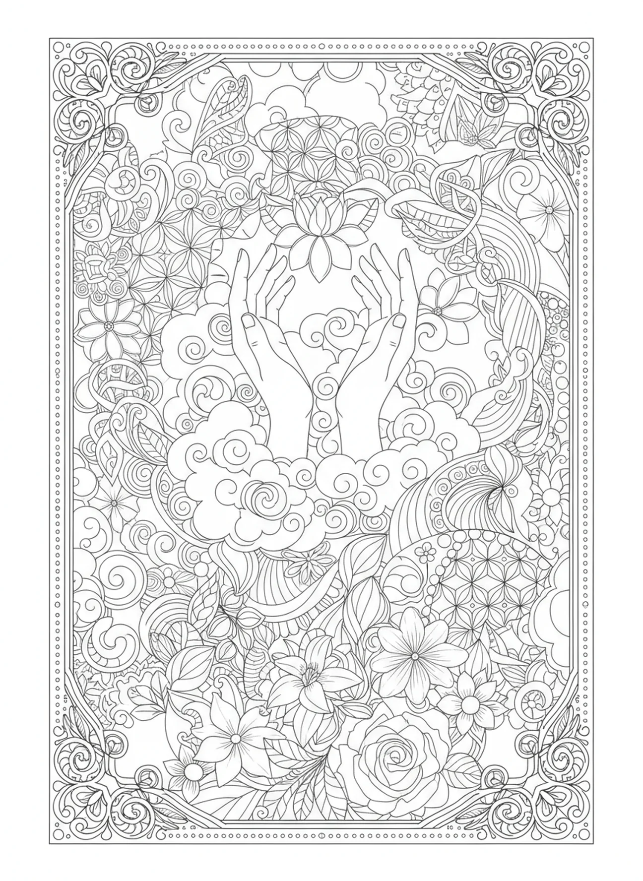 Dos manos levantándose hacia el cielo, página para colorear de Mateo 7:7 en estilo de journaling bíblico para adultos