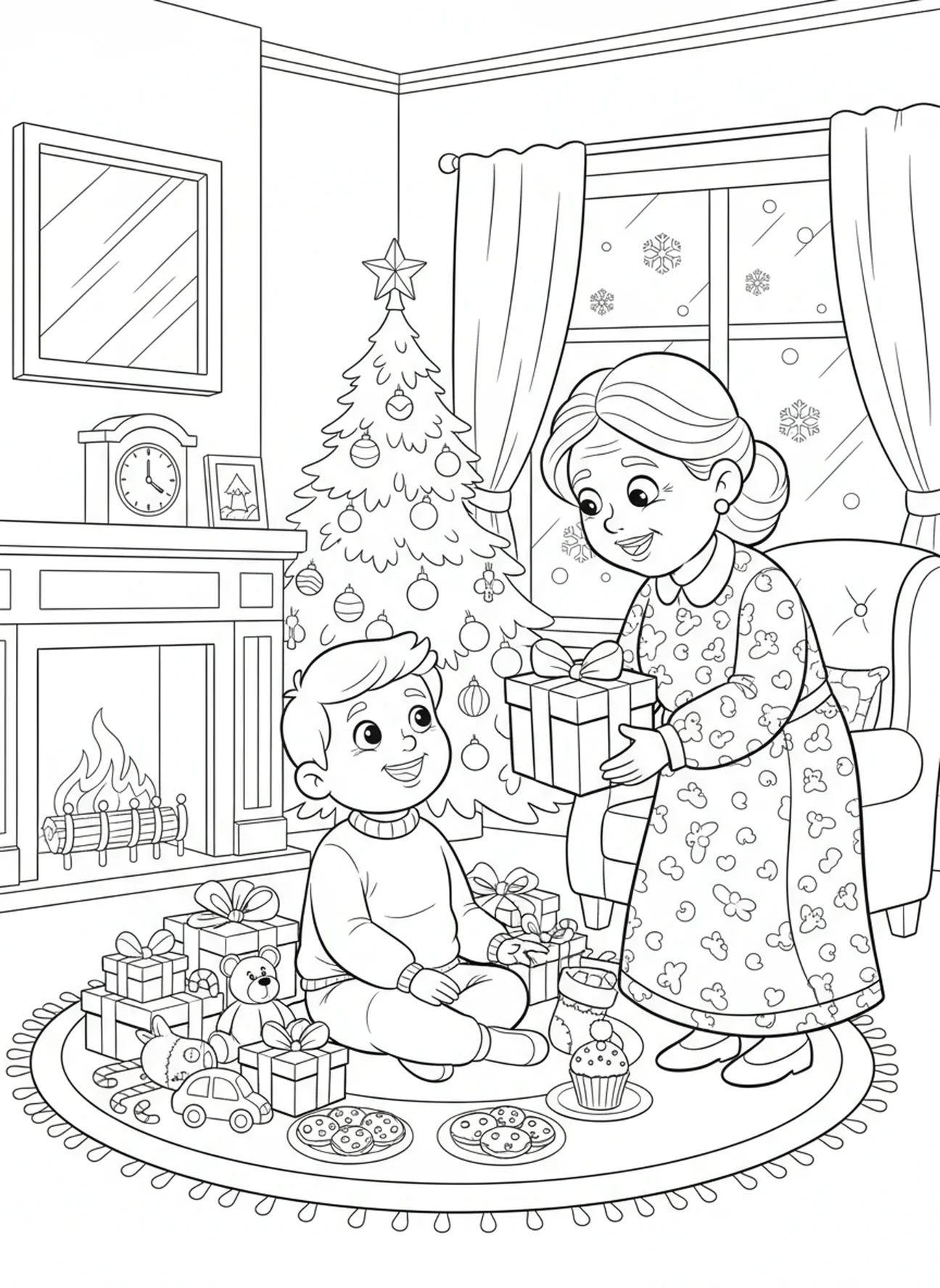 Kind umgeben von Geschenken, Ausmalbild Matthäus 7:7 für Kinder im Alter von 5-10 Jahren.