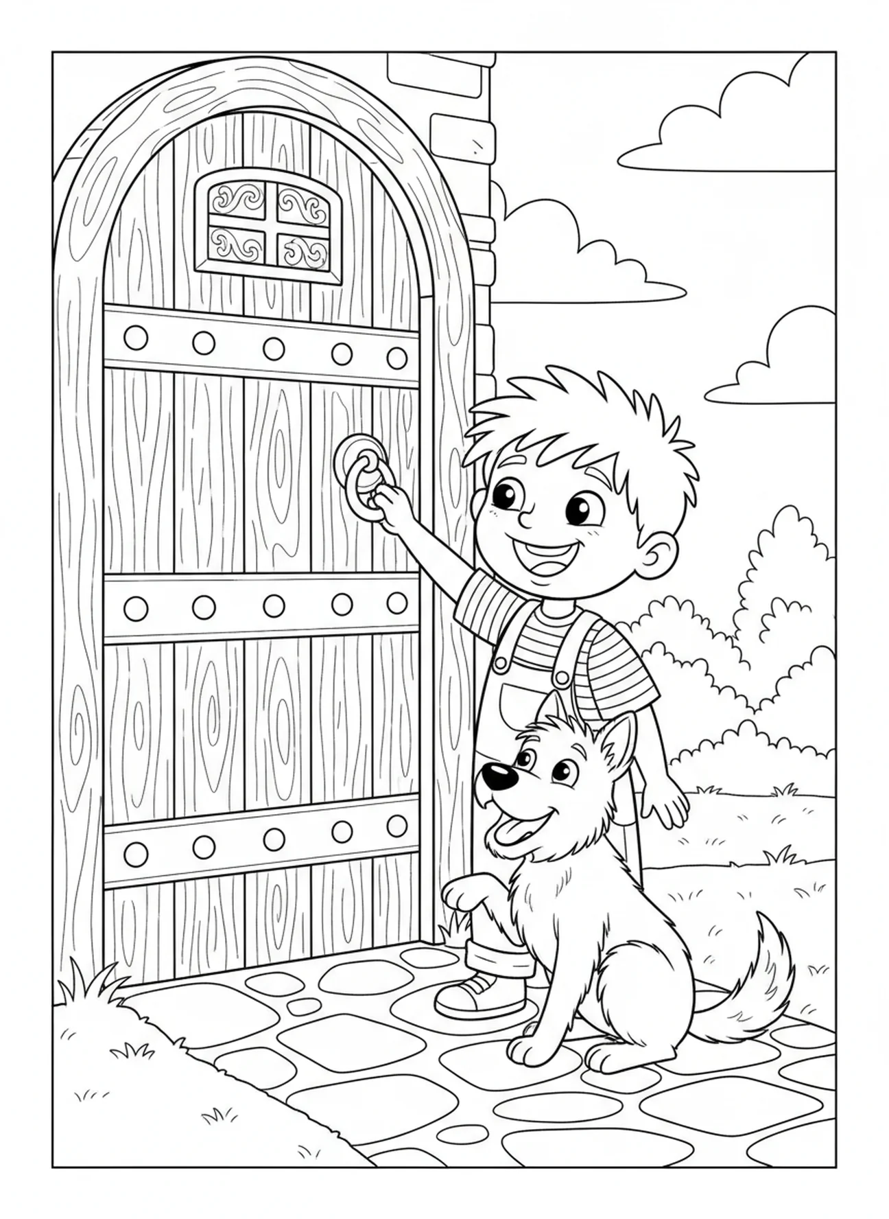 Kind klopft an die Tür, Ausmalbild Matthäus 7:7 für Kinder im Alter von 5-10 Jahren.