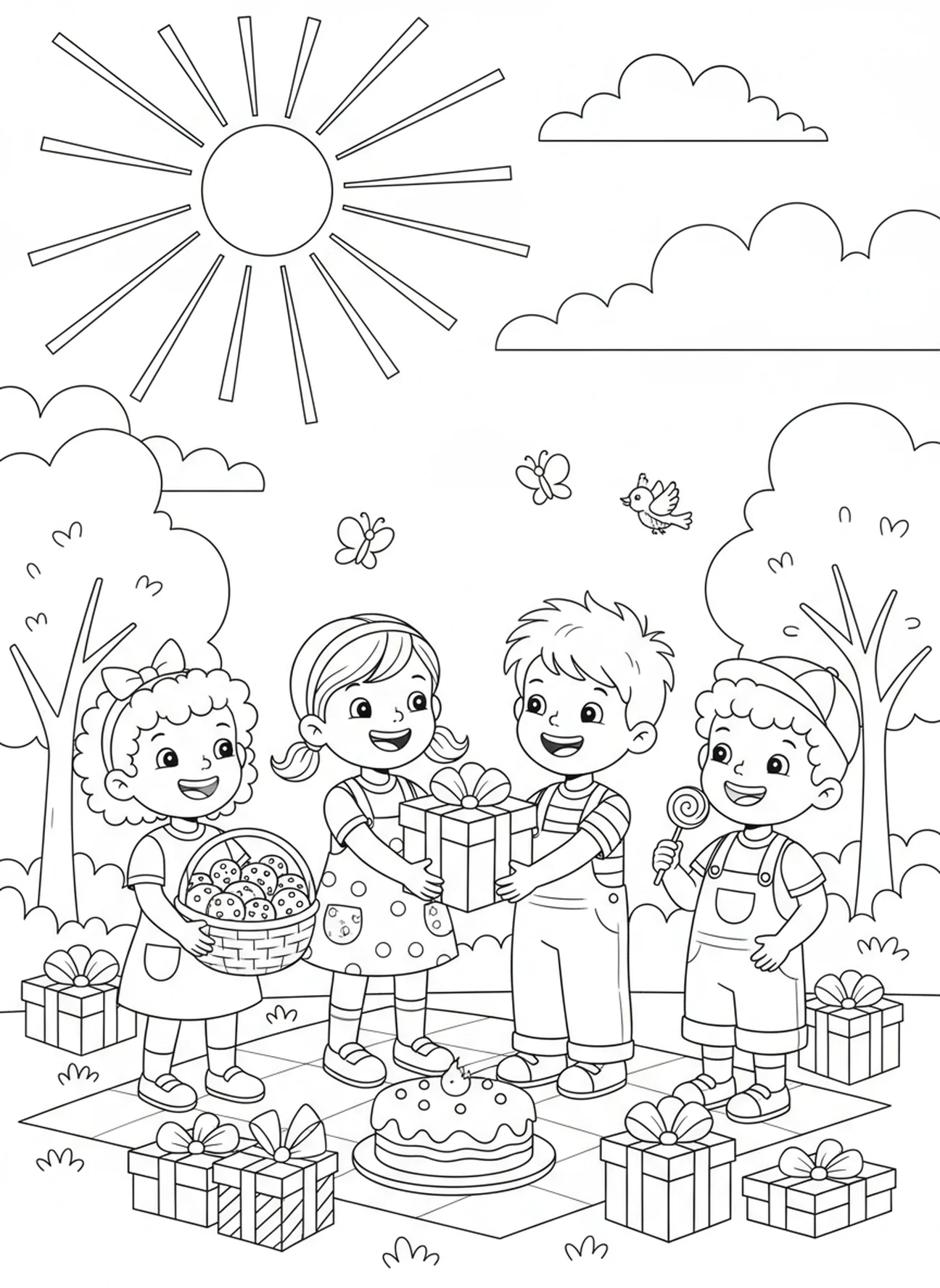 Kind teilt Geschenke mit Freunden, Matthäus 7,7 Malvorlage für Kinder im Alter von 5-10 Jahren.