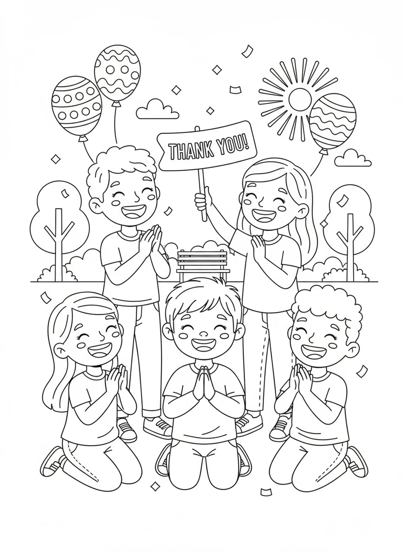 Kind mit Freunden in Dankbarkeit, Ausmalbild Matthäus 7:7 für Kinder im Alter von 5-10 Jahren.