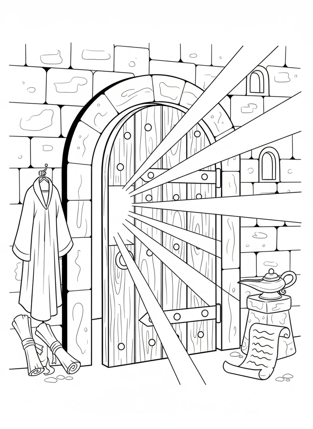 Porte en bois entrebâillée, page à colorier Matthieu 7:7 pour les enfants de l'École du dimanche âgés de 5 à 12 ans