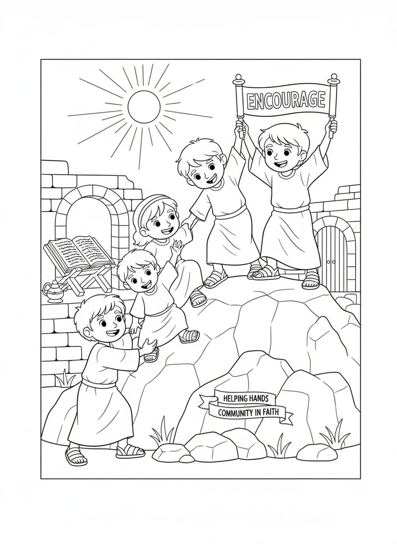 Enfants s'entraidant, page à colorier Matthieu 7:7 pour les enfants de l'École du dimanche âgés de 5 à 12 ans