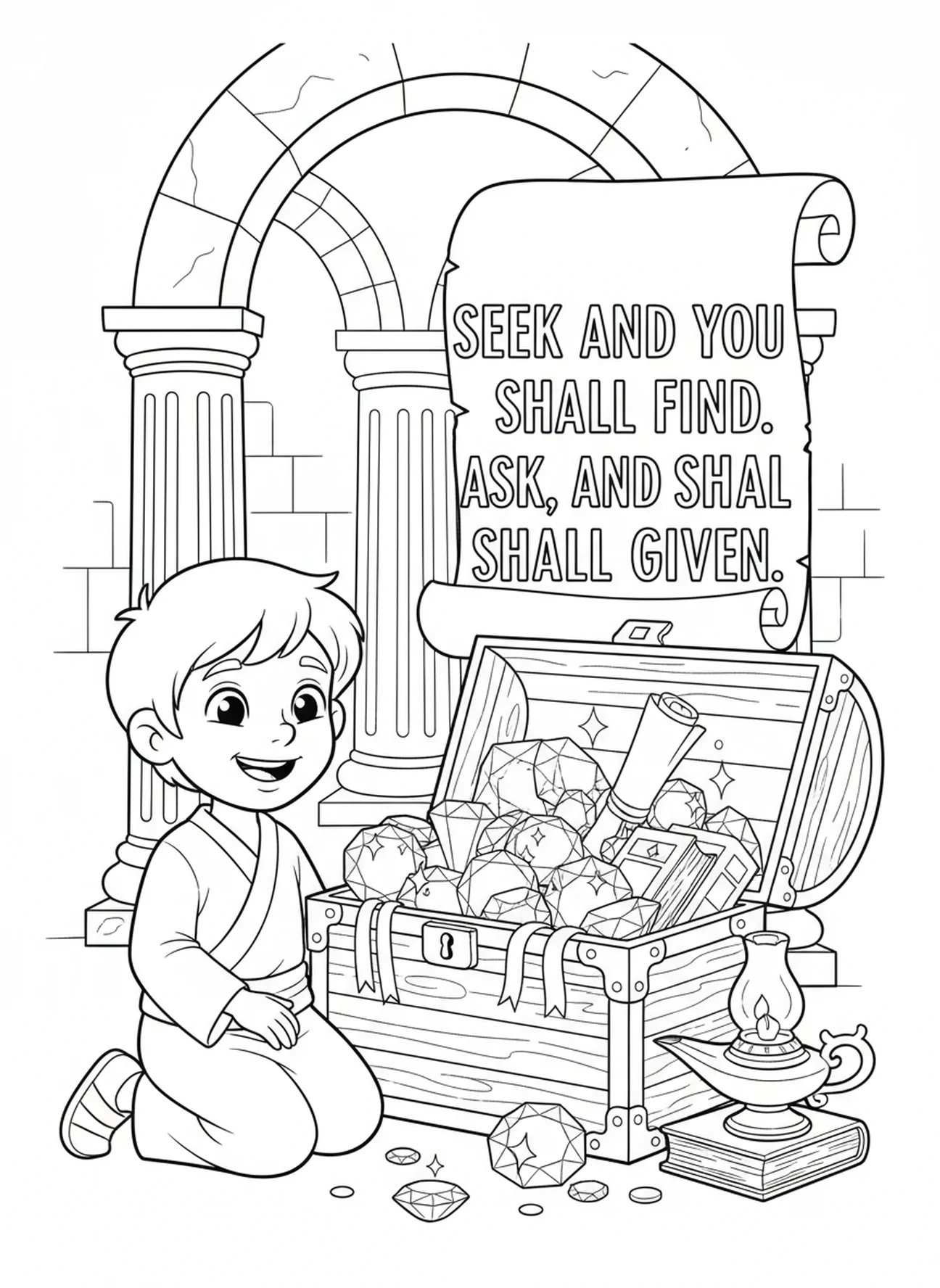 Enfant découvrant un coffre au trésor, page à colorier Matthieu 7:7 pour les enfants de l'École du dimanche âgés de 5 à 12 ans