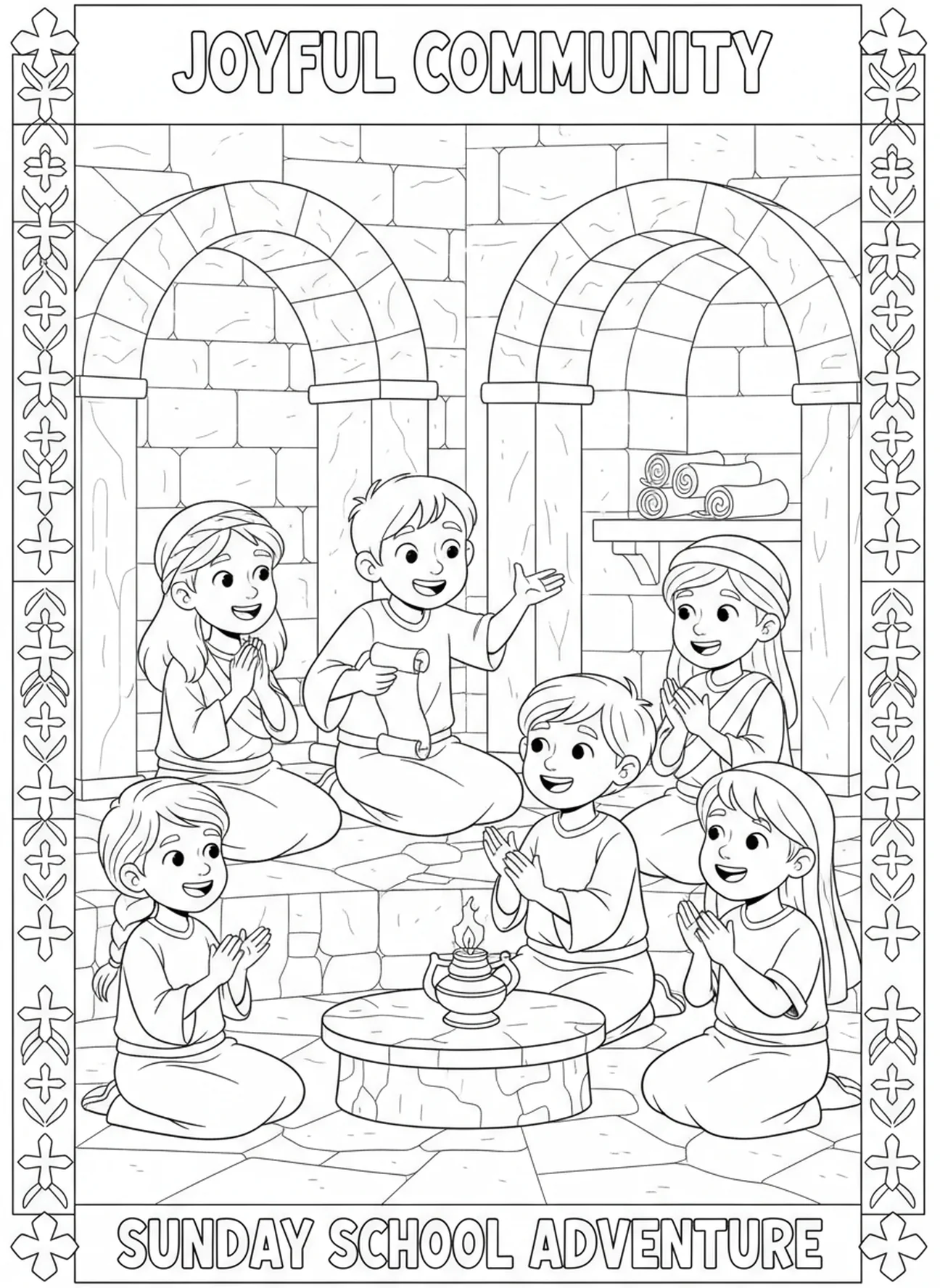 Groupe d'enfants partageant des histoires, page à colorier Matthieu 7:7 pour les enfants de l'École du dimanche âgés de 5 à 12 ans