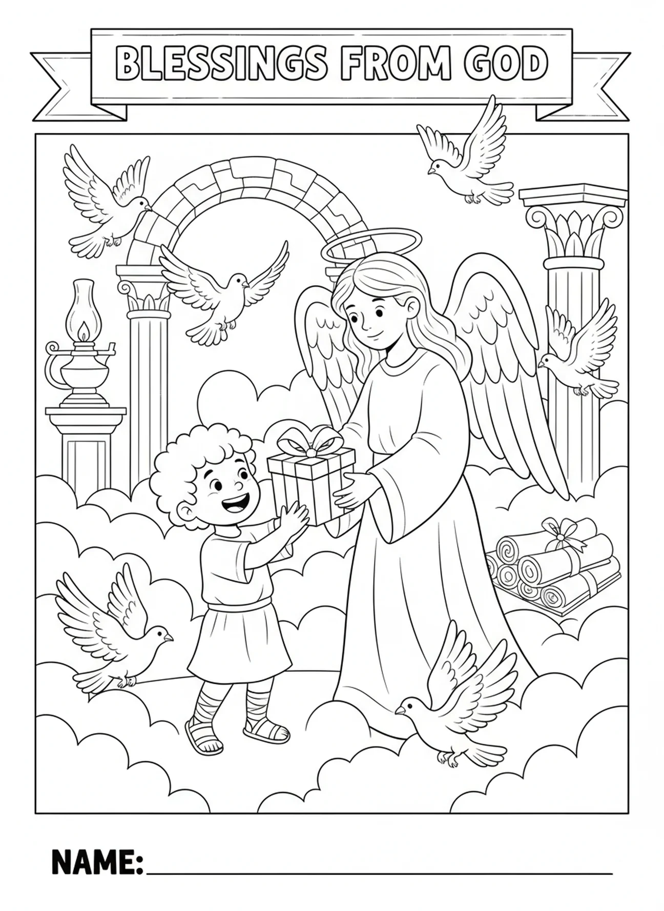 Enfant recevant un cadeau, page à colorier Matthieu 7:7 pour les enfants de l'École du dimanche âgés de 5 à 12 ans