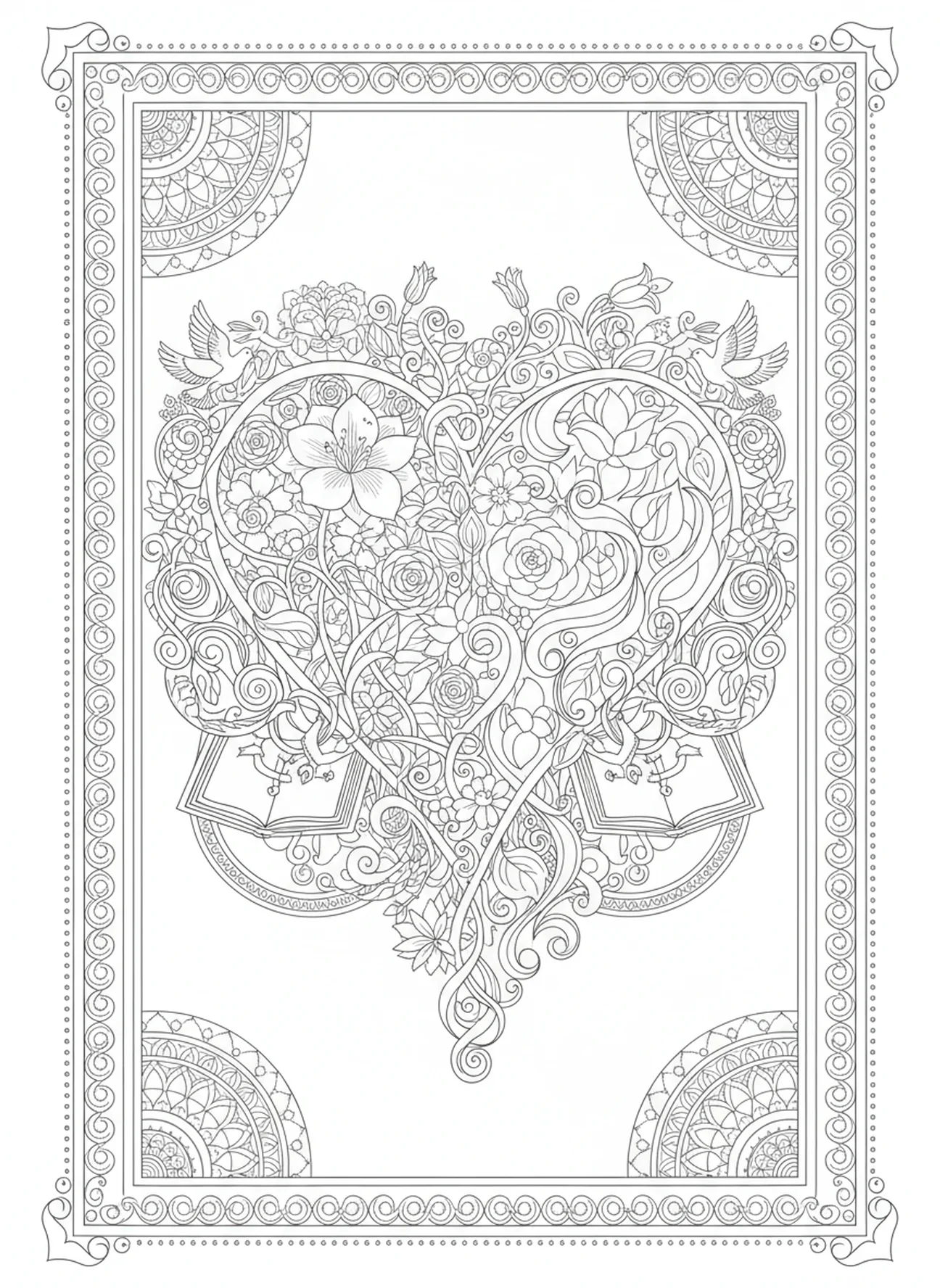 Herzmuster gefüllt mit filigranen Blumendesigns, Micha 6,8 Ausmalbild für Erwachsene im Bibel-Journaling-Stil
