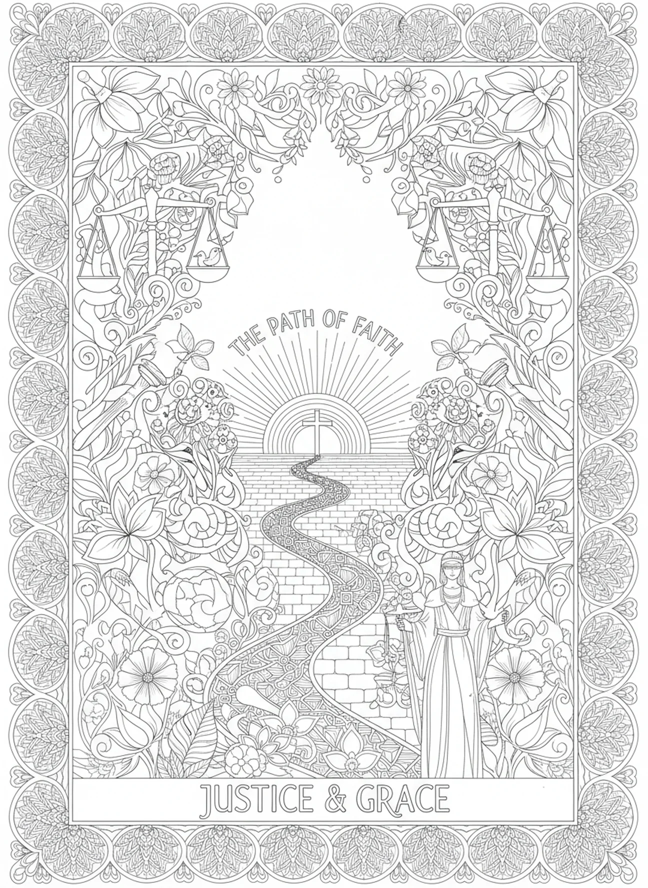 Winding path enriched with intricate patterns, Micha 6,8 Ausmalbild für Erwachsene im Bibel-Journaling-Stil