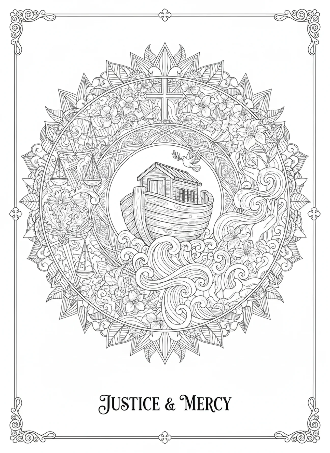 Holz-Arche mit kunstvollen Schnitzereien, Micha 6,8 Ausmalbild für Erwachsene im Bibel-Journaling-Stil
