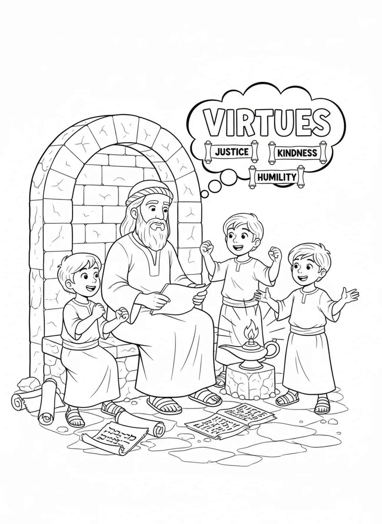 Niños discutiendo virtudes, página para colorear de Miqueas 6:8 para niños de Escuela Dominical de 5 a 12 años.