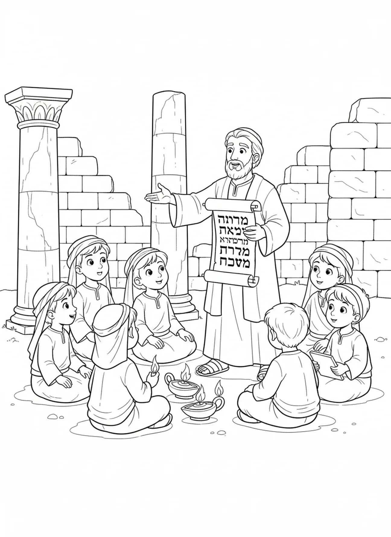 Grupo de niños escuchando, página para colorear de Miqueas 6:8 para niños de Escuela Dominical de 5 a 12 años.
