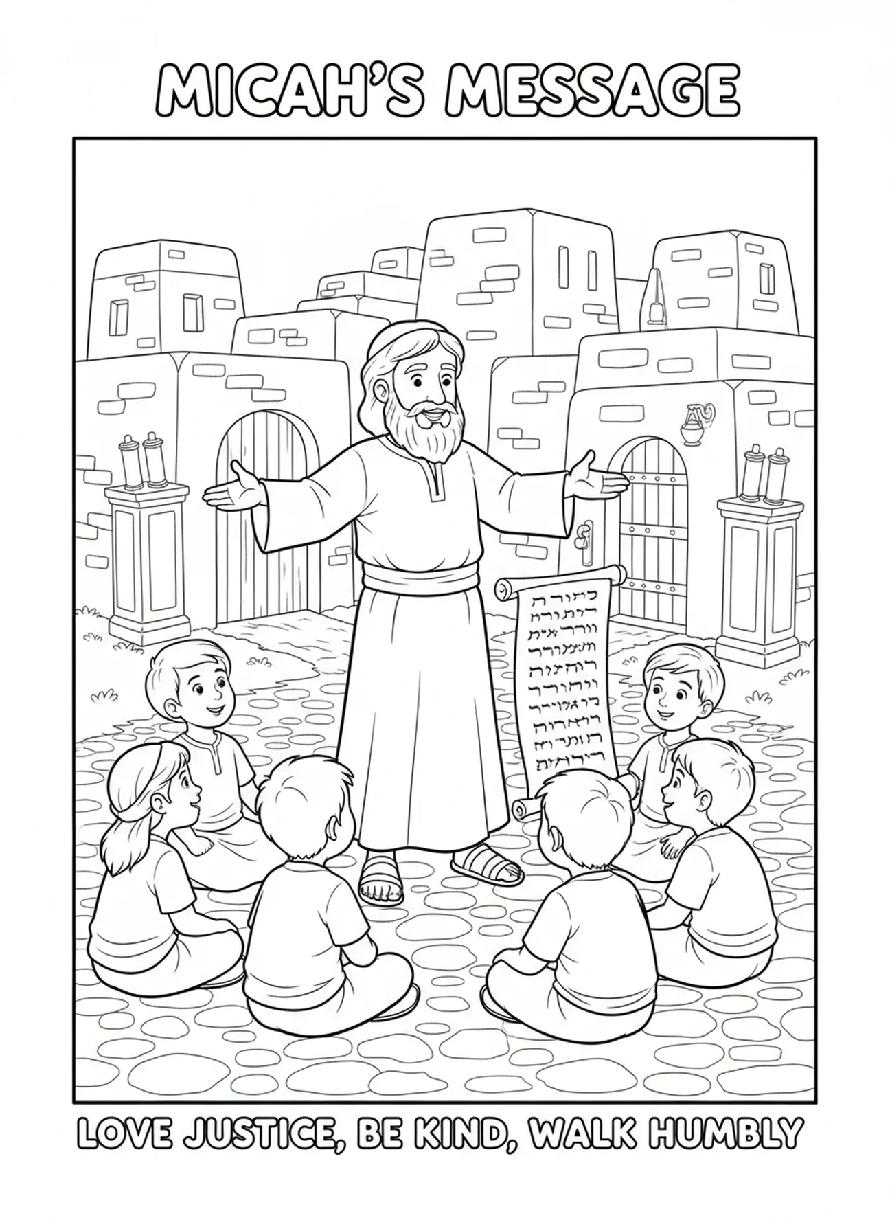 El mensaje final de Miqueas, página para colorear de Miqueas 6:8 para niños de la Escuela Dominical de 5 a 12 años.