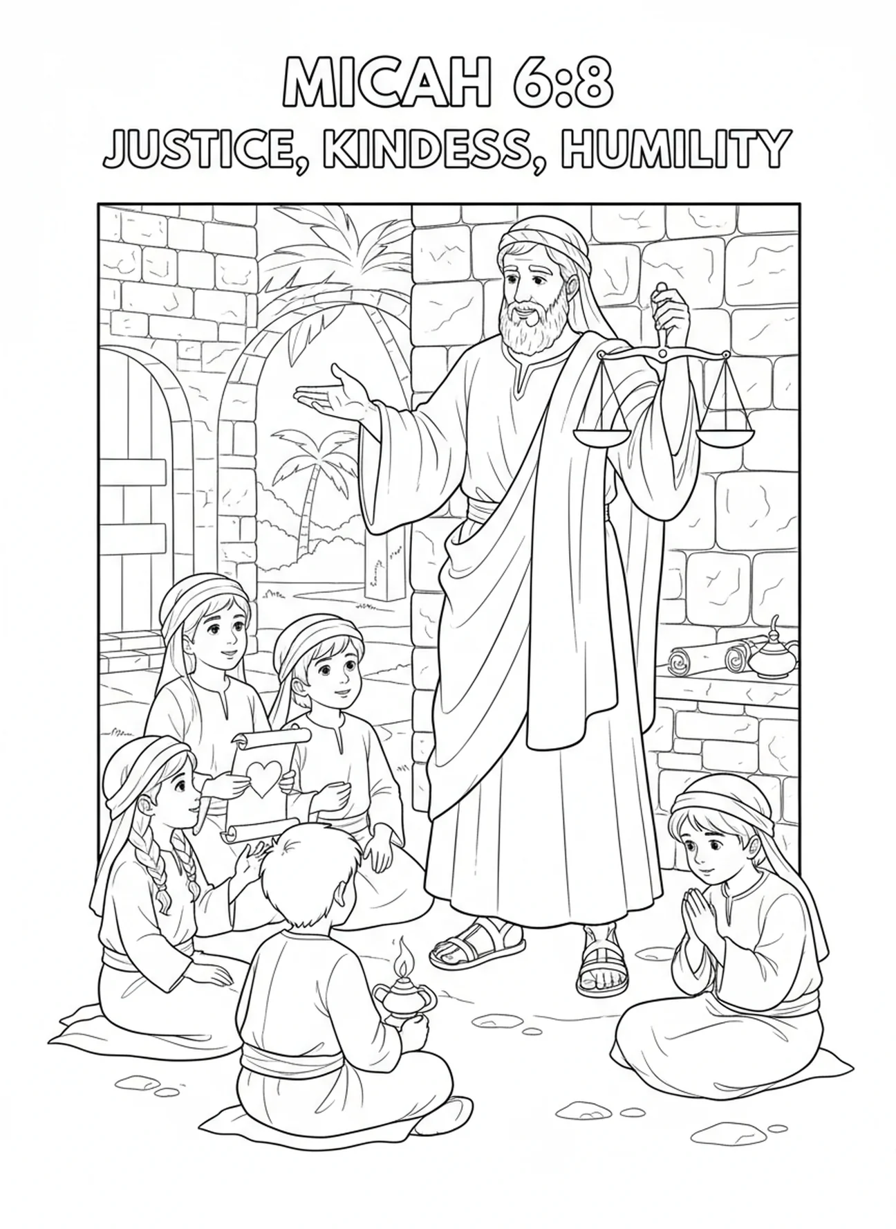 Miqueas ilustrando la justicia, página para colorear de Miqueas 6:8 para niños de Escuela Dominical de 5 a 12 años.