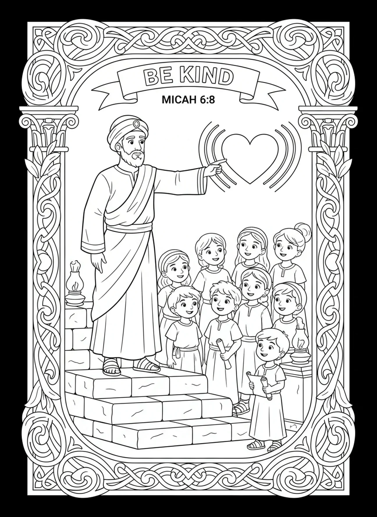 Miqueas inspirando amabilidad, página para colorear de Miqueas 6:8 para niños de Escuela Dominical de 5 a 12 años.