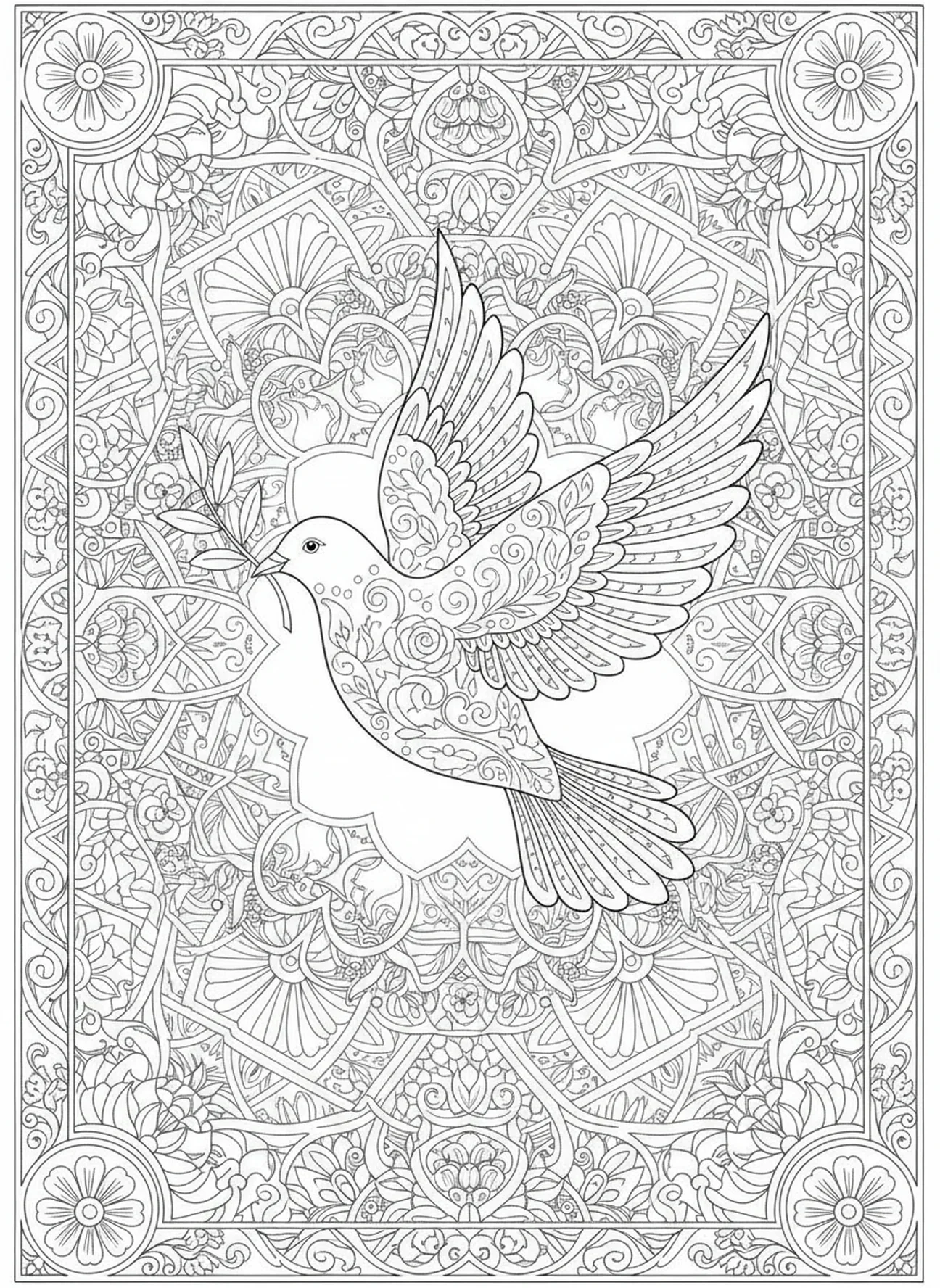 Pomba carregando um ramo de oliveira, Página para colorir da Bíblia com montanhas no estilo de journaling bíblico para adultos.