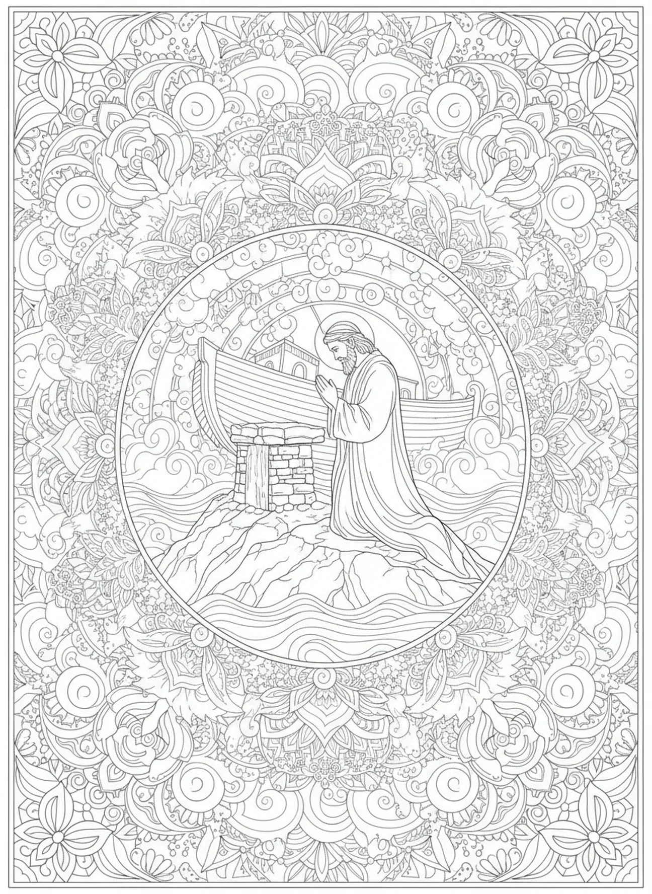 Noé orando em um altar no topo da montanha, Página de colorir da Bíblia sobre montanhas para adultos no estilo de journaling bíblico.