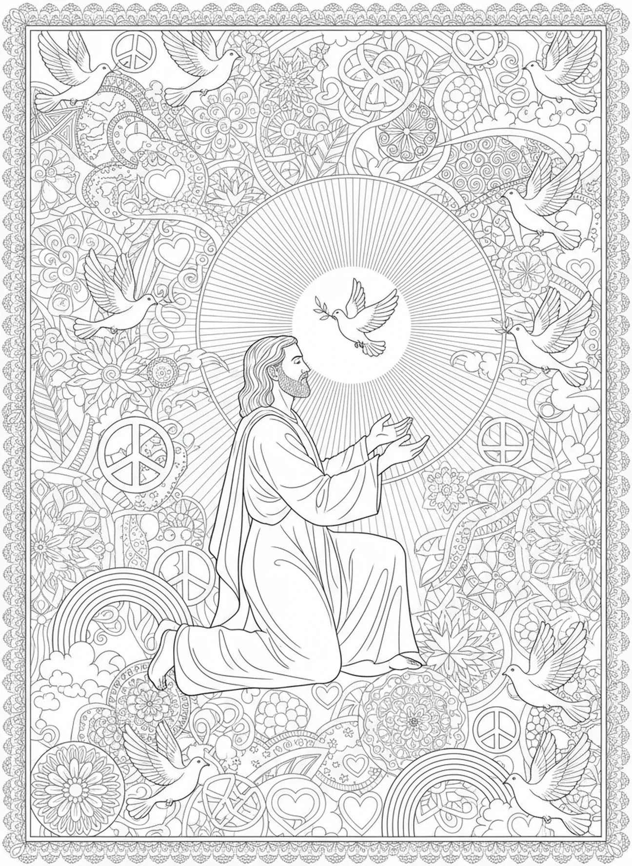 Noé recebendo a promessa de Deus, página para colorir da Bíblia para adultos no estilo de journaling bíblico.