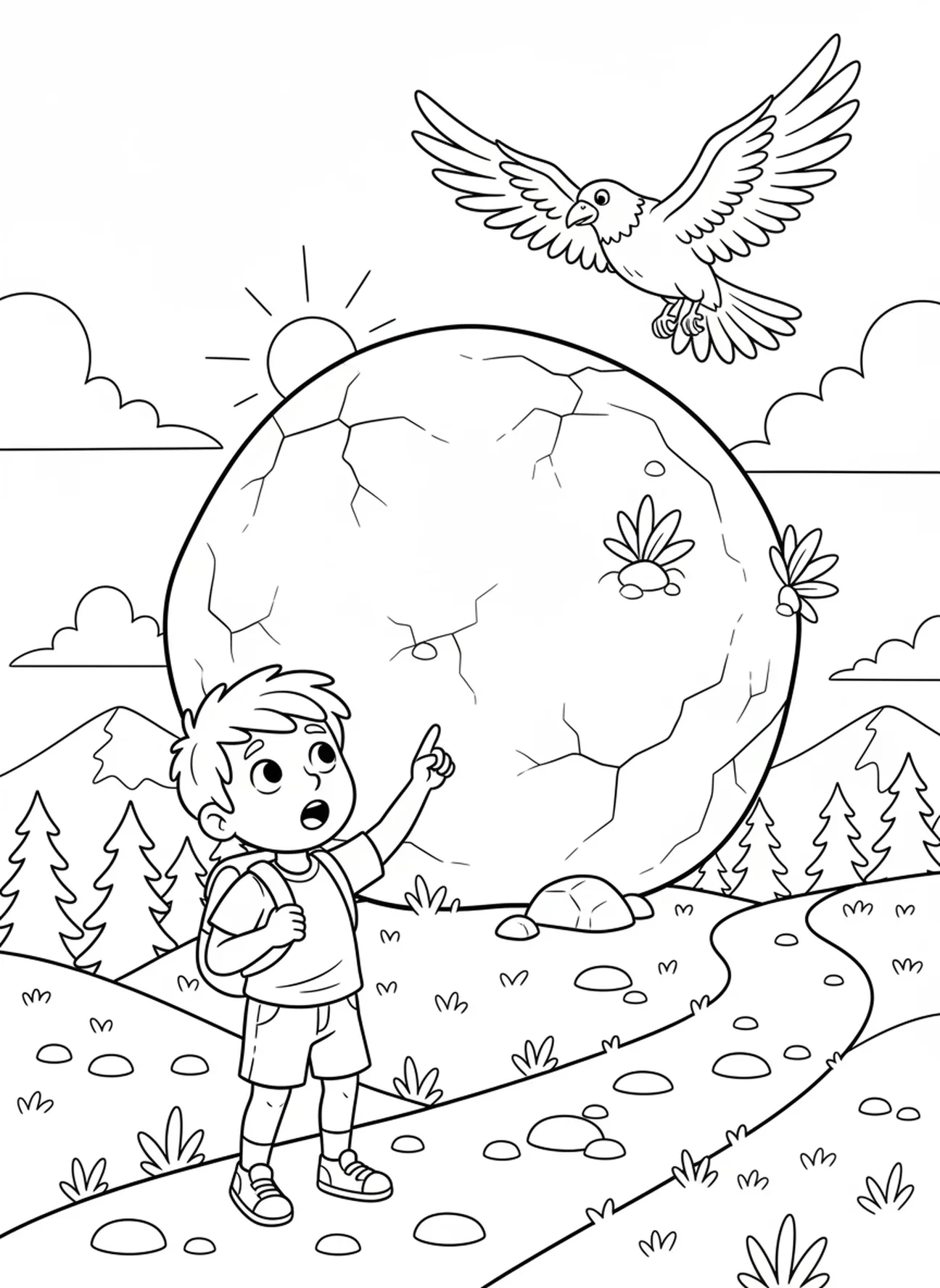Enfant découvrant un gros rocher, page à colorier Biblique pour enfants de 5 à 10 ans