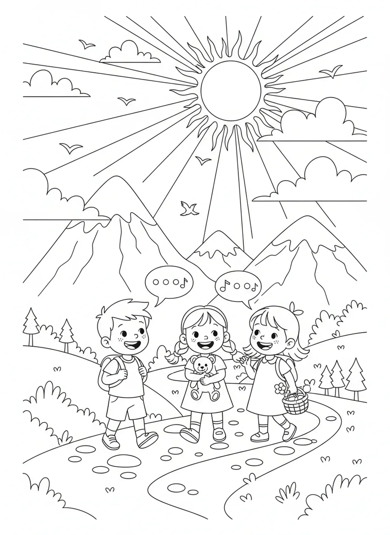 Enfants marchant sur un sentier de montagne, page à colorier Biblique pour les enfants de 5 à 10 ans