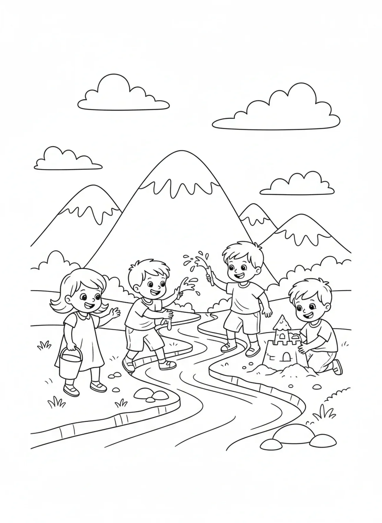 Paysage de montagne serein, page à colorier Biblique sur les montagnes pour les enfants de 5 à 10 ans
