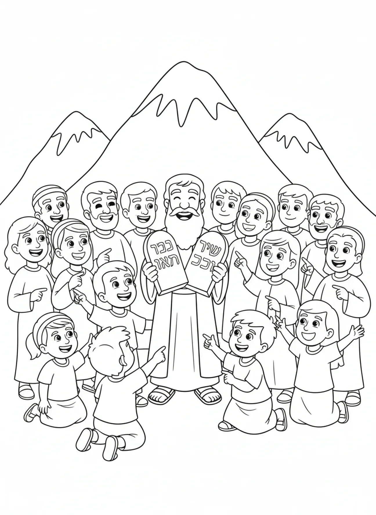 Groupe de personnes autour de Moïse, page à colorier Biblique pour enfants de 5 à 10 ans