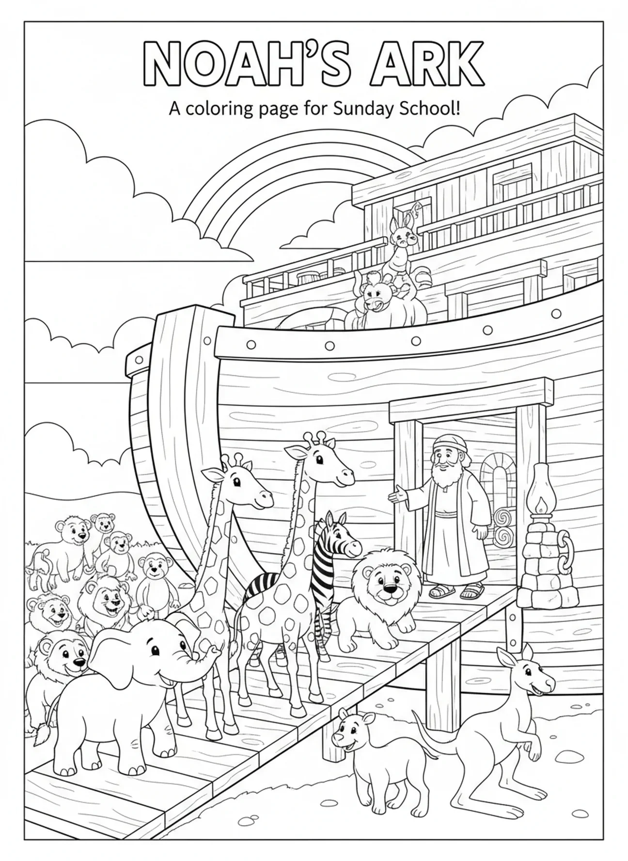 Casais de animais em desenho animado entrando na arca, página para colorir da Bíblia sobre montanhas para crianças da Escola Dominical de 5 a 12 anos.