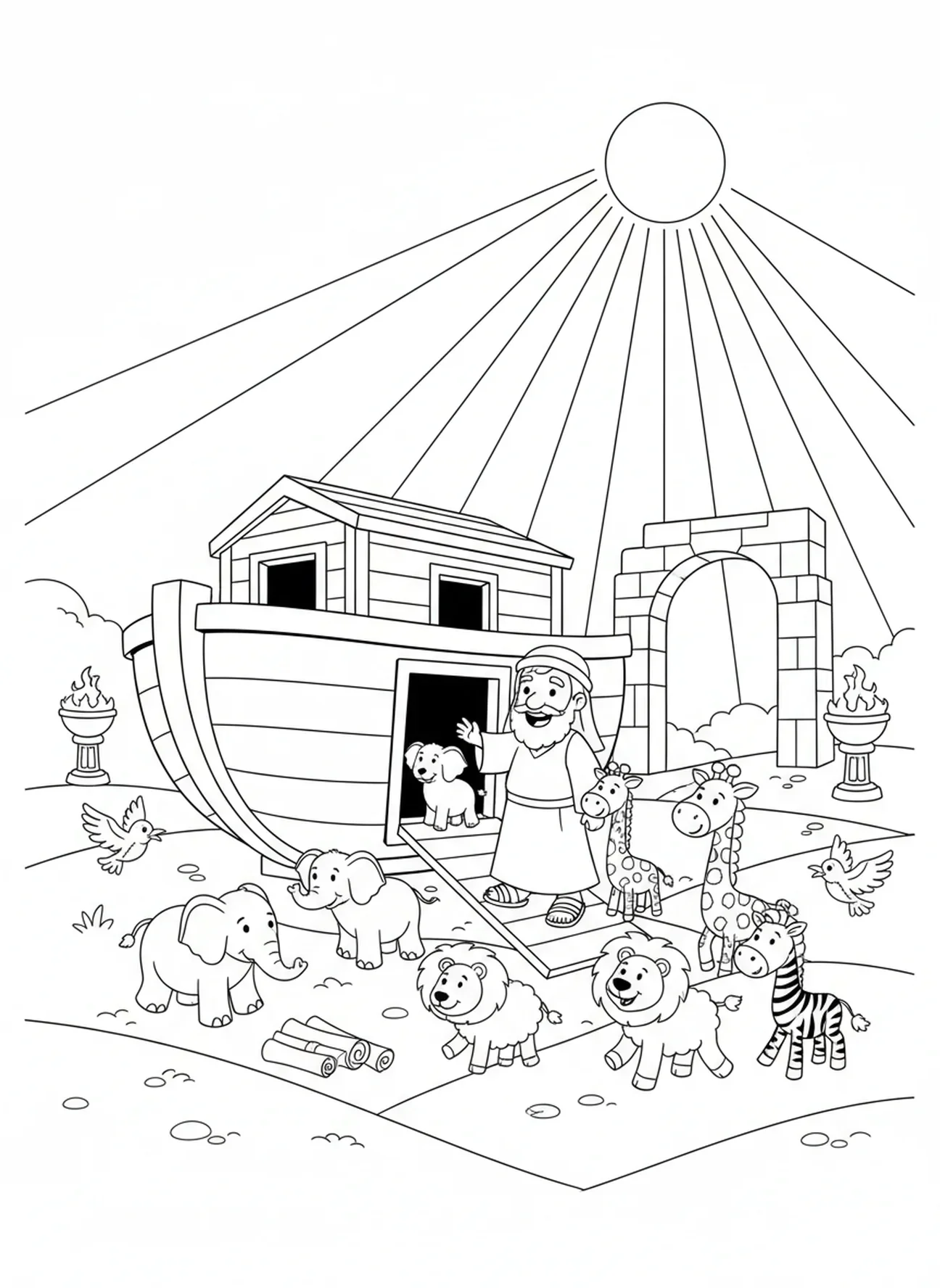 Noé soltando animais em terra seca, página de colorir da Bíblia para crianças da Escola Dominical de 5 a 12 anos.