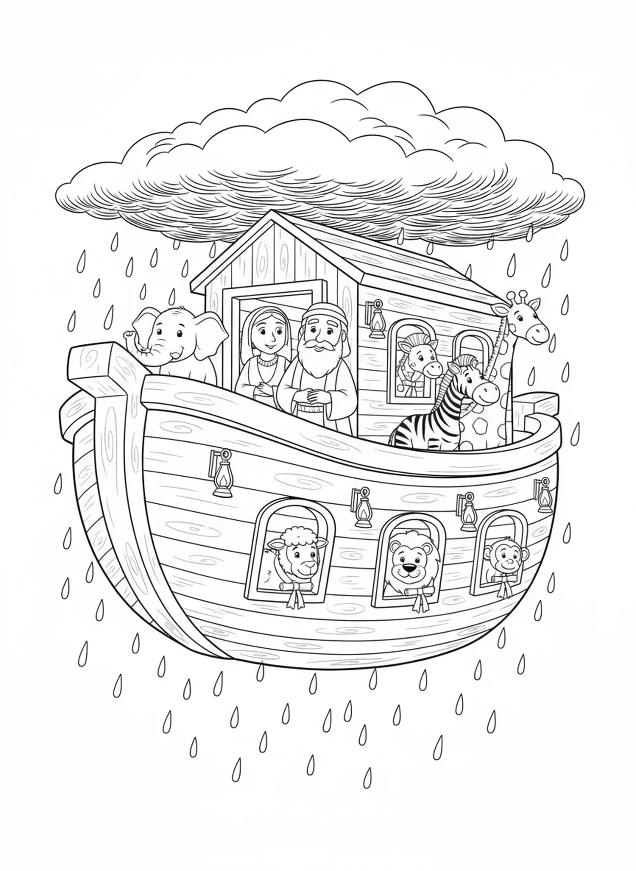 Noé dentro da arca enquanto a chuva começa a cair, página de colorir da Bíblia sobre montanhas para crianças da Escola Dominical de 5 a 12 anos.