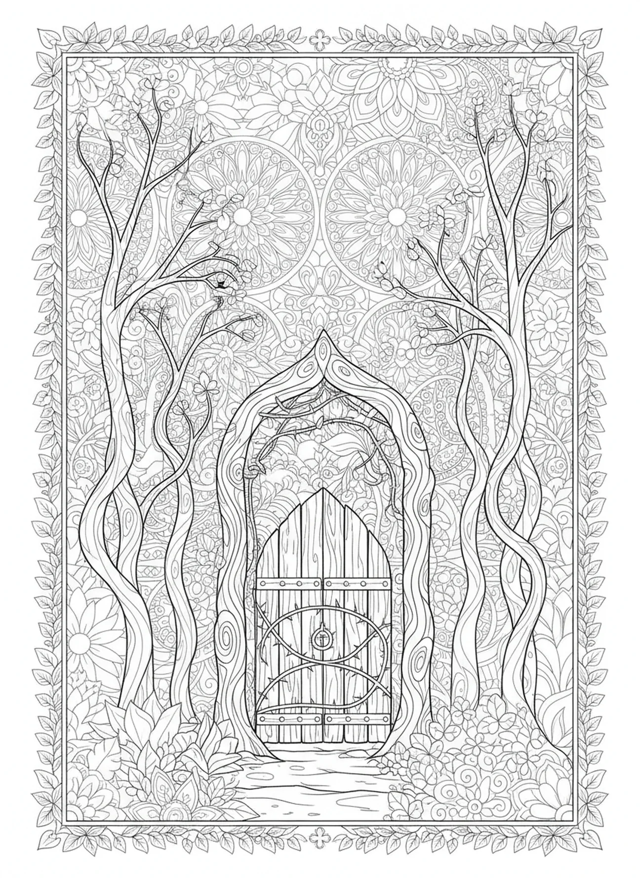 Escena de bosque con puerta, página para colorear de la Puerta Angosta estilo journaling bíblico para adultos.