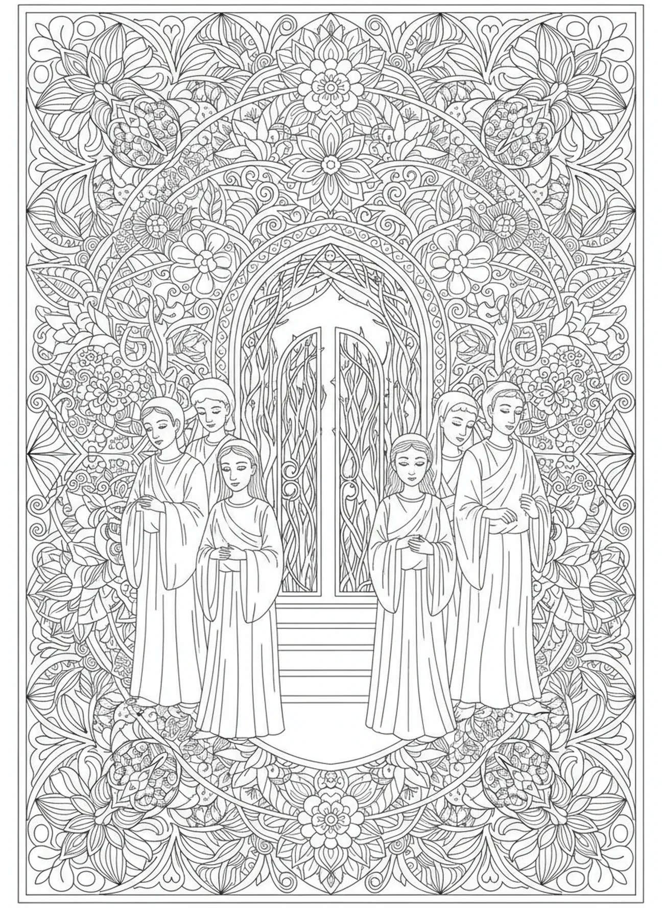 Figuras reflexivas, página para colorear de la Puerta Estrecha estilo journaling bíblico para adultos.