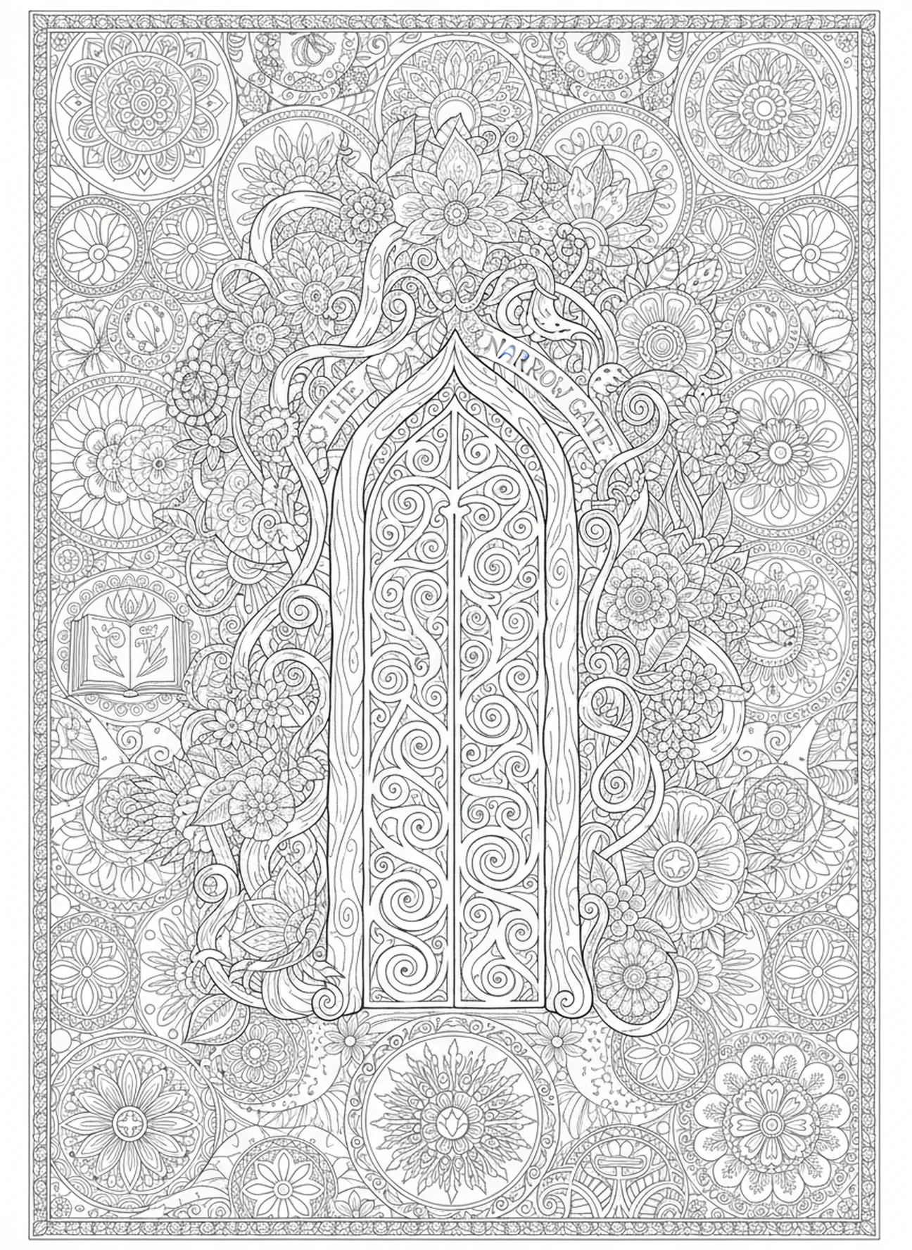 Decoración de puerta floral, página para colorear de la Puerta Estrecha estilo journaling bíblico para adultos.