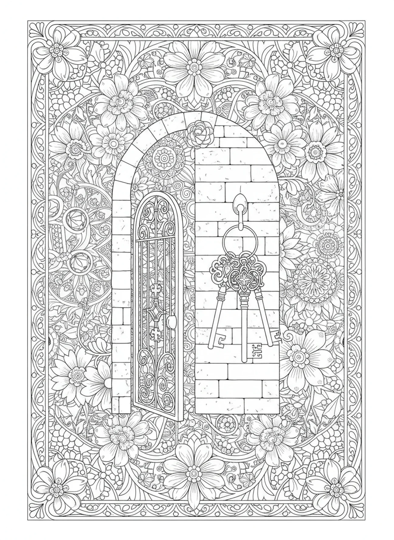Llaves ornamentadas, página para colorear de la Puerta Estrecha en estilo de journaling bíblico para adultos.