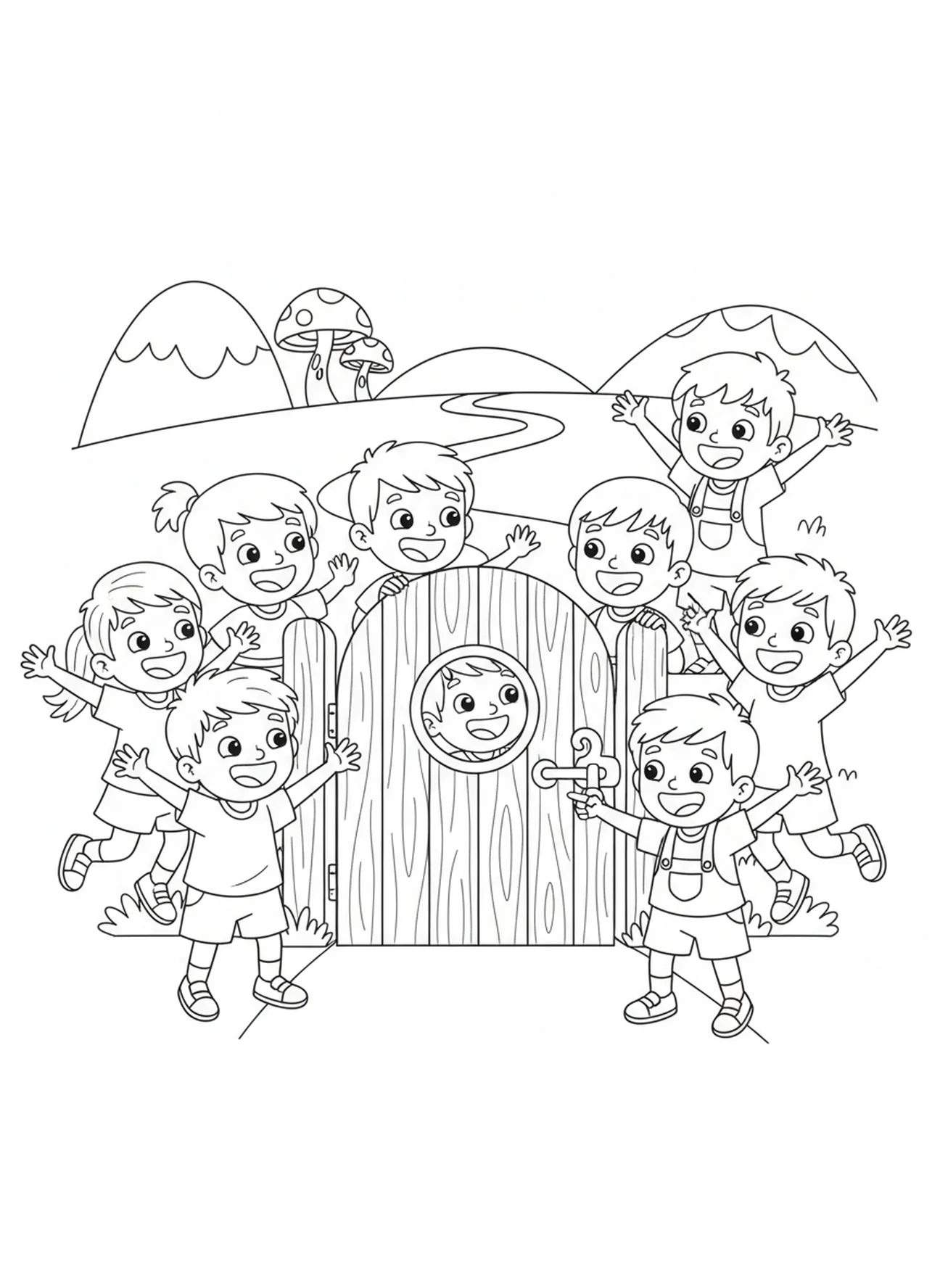 Podekscytowane dzieci przy bramie, kolorowanka z Wąską Bramą dla dzieci w wieku 5-10 lat