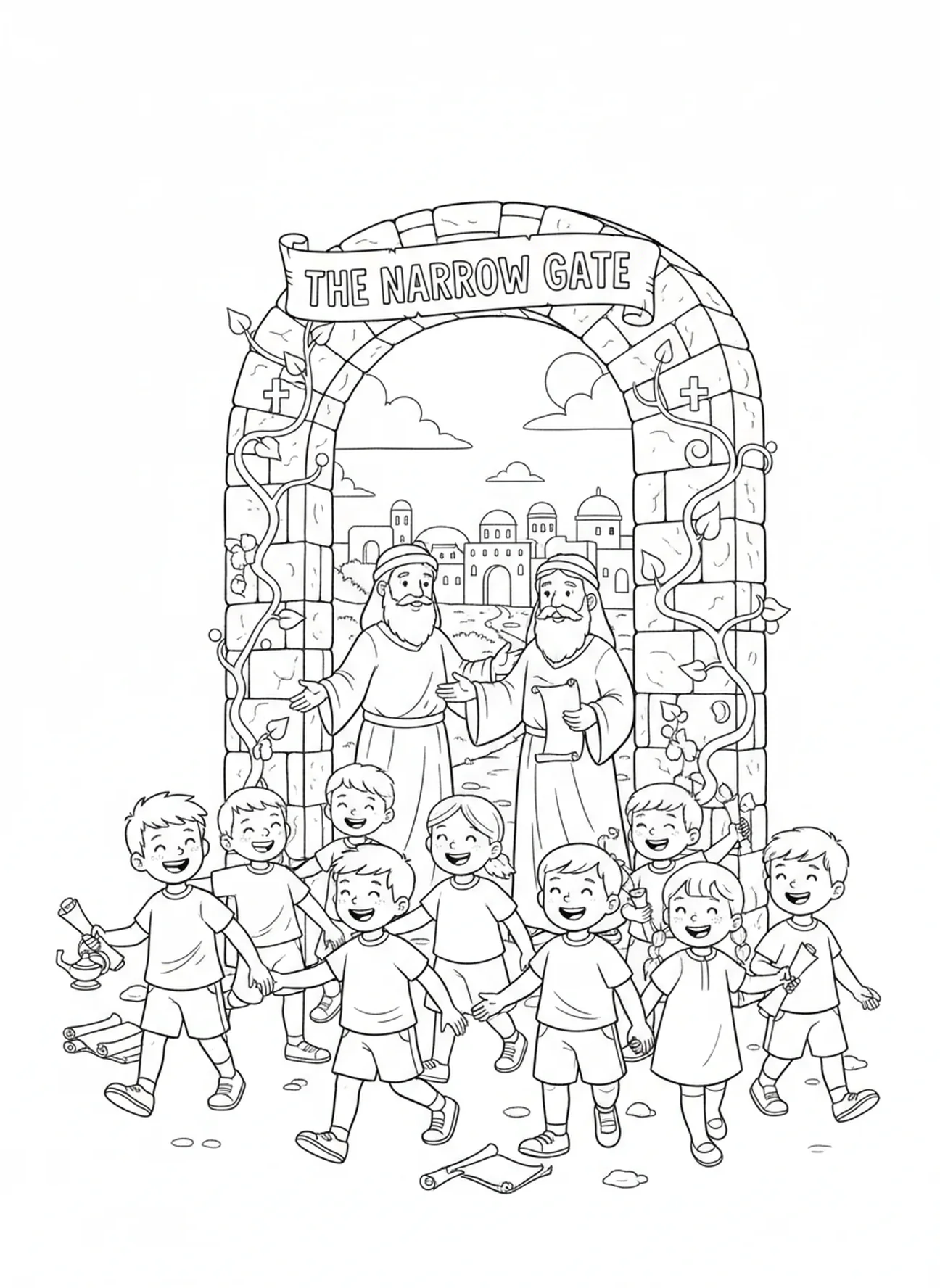 Enfants entrant par la porte étroite, page à colorier Porte Étroite pour les enfants de l'École du dimanche âgés de 5 à 12 ans