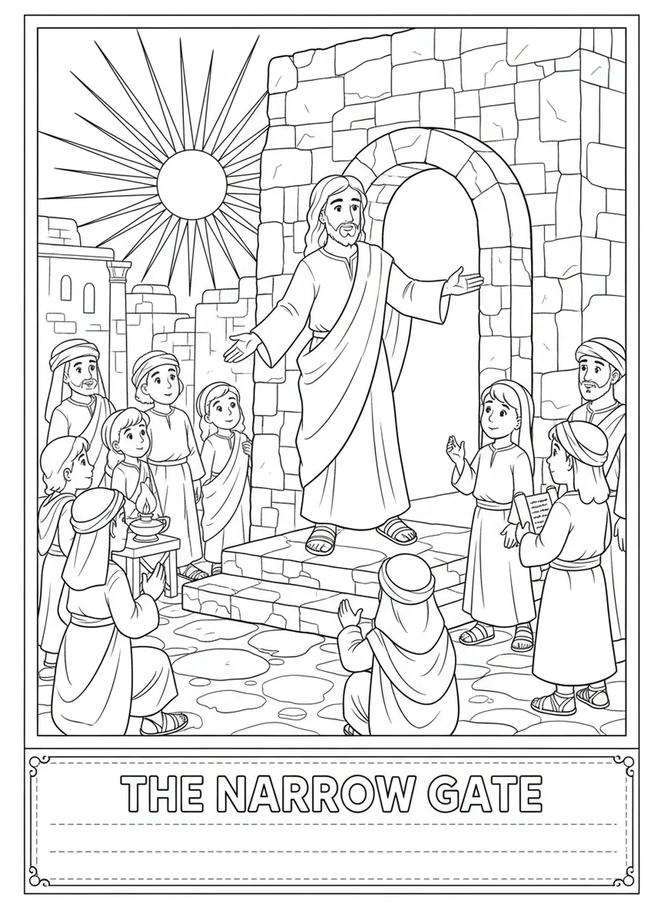 Jésus expliquant la porte étroite, page à colorier sur la porte étroite pour les enfants de l'École du dimanche âgés de 5 à 12 ans