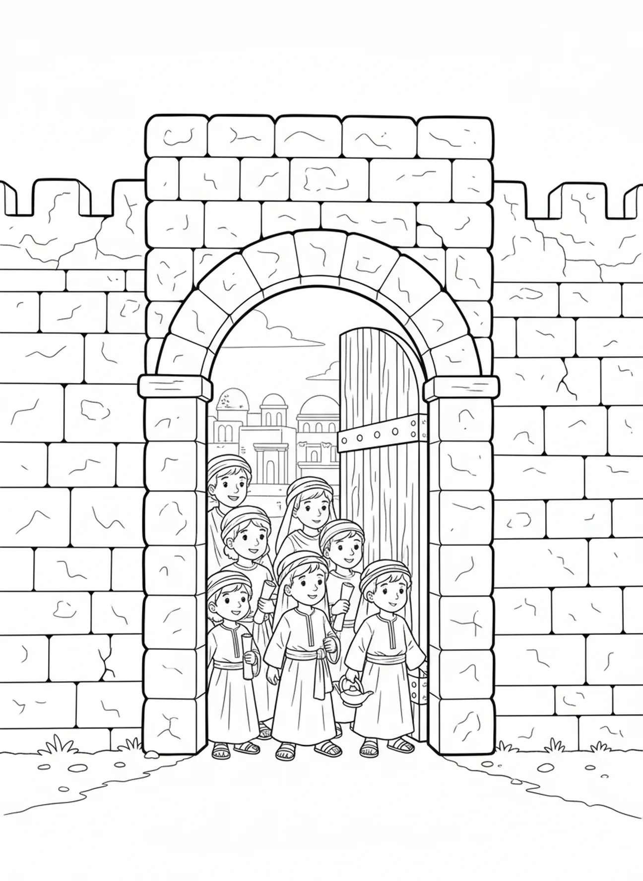 Entrée de la porte étroite, page à colorier de la Porte Étroit pour les enfants de l'École du dimanche âgés de 5 à 12 ans