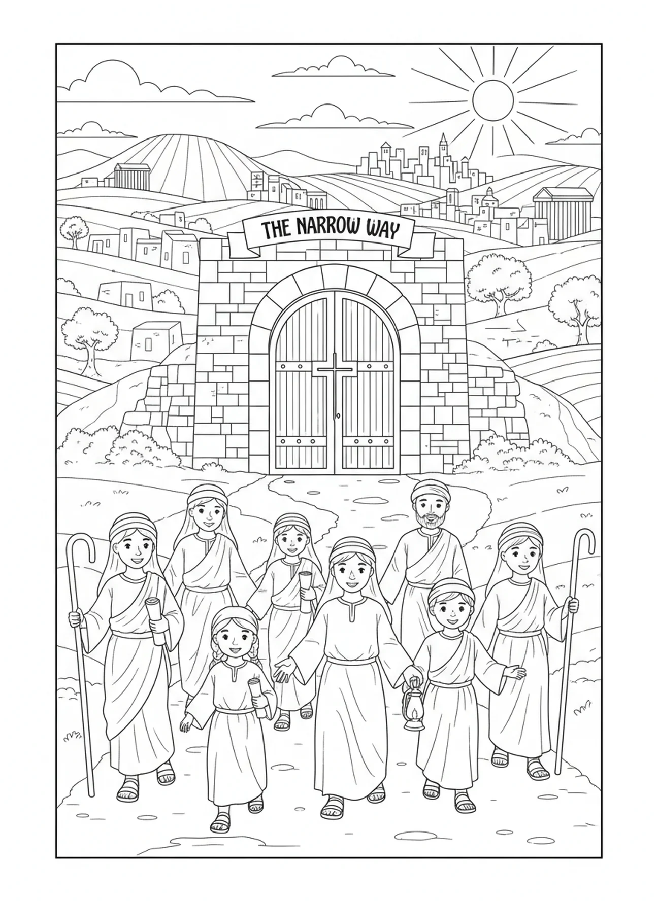 Des personnes diverses marchant sur un chemin étroit, page à colorier de la Porte Étroite pour les enfants de l'École du dimanche âgés de 5 à 12 ans