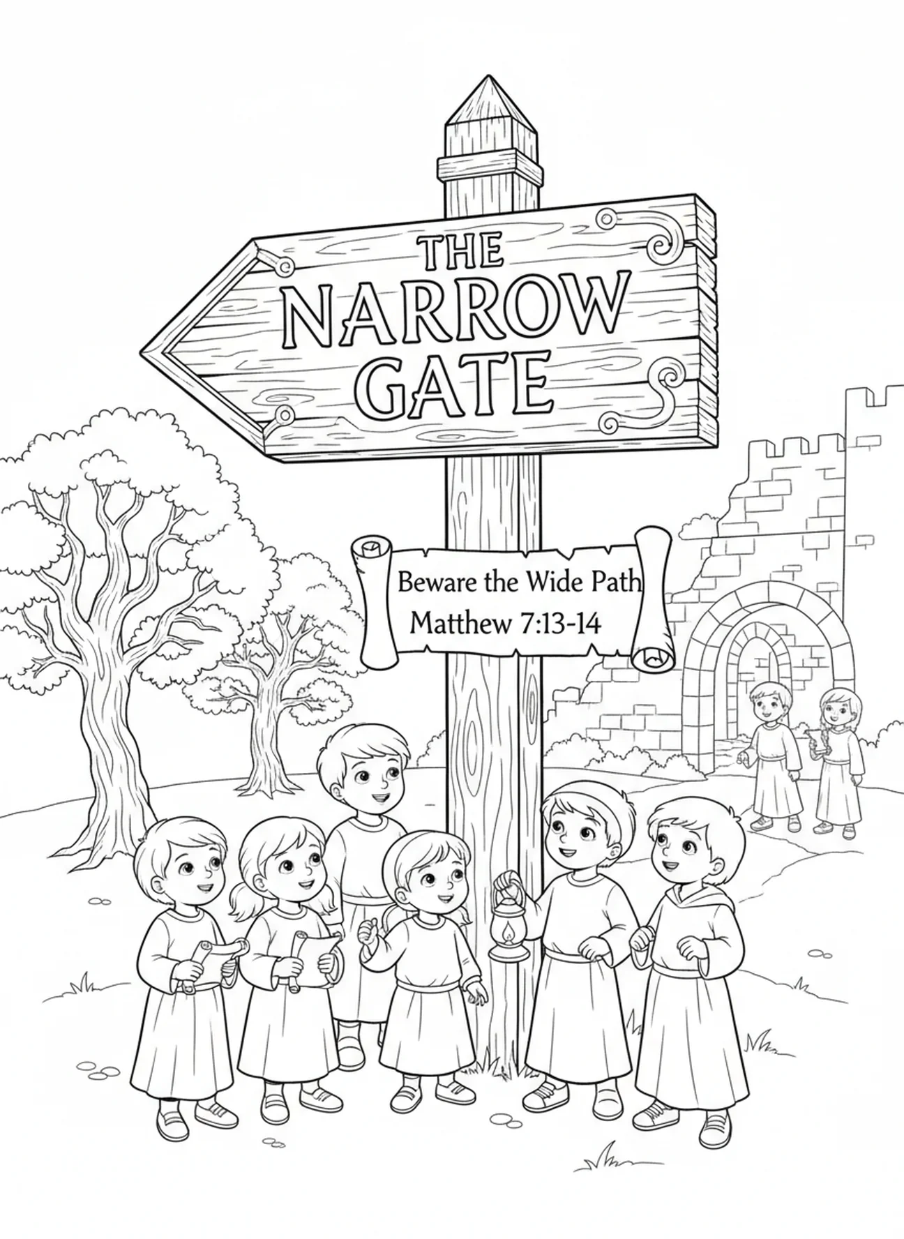 Panneau en bois d'avertissement, page à colorier de la Porte Étroite pour les enfants de l'École du dimanche âgés de 5 à 12 ans