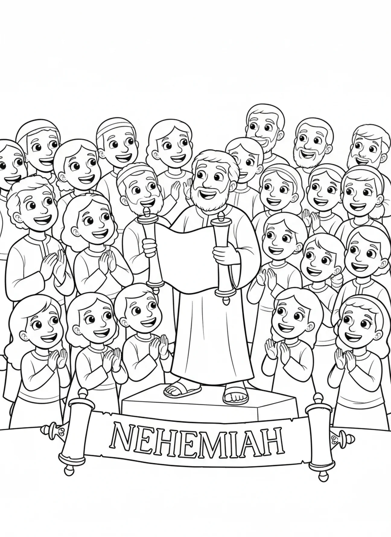 Różnorodny tłum słuchający, Nehemiasza 8:10 Kolorowanka z radością i siłą dla dzieci w wieku 5-10 lat.