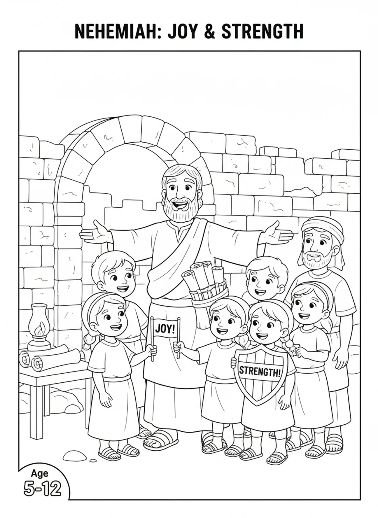 Nehemías dando instrucciones, Nehemías 8:10 página para colorear sobre la alegría y la fortaleza para niños de Escuela Dominical de 5 a 12 años.