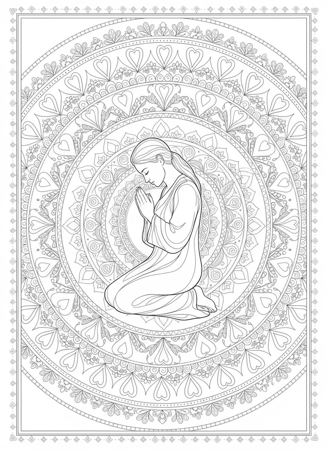 Adulto en oración, página para colorear de Filipenses 2:3 en estilo de journaling bíblico para adultos.